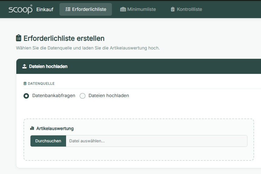 Oberfläche der Einkaufsanwendung mit Auswahl der Datenquelle
